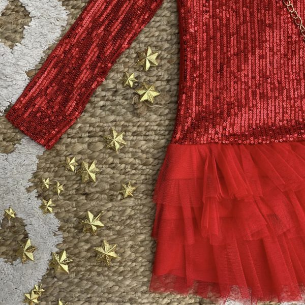 Robe de noël rouge à sequin et volant tulle – Image 2