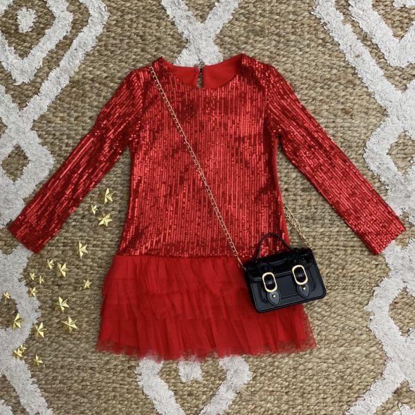 Robe de noël rouge à sequin et volant tulle