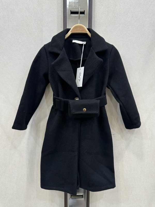 Manteau long drap de laine + sacoche - Noir